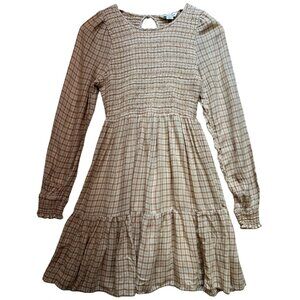 American Eagle Womens Smocked Tiered Mini Dress Long Sleeve Sz S Cream Tan Check